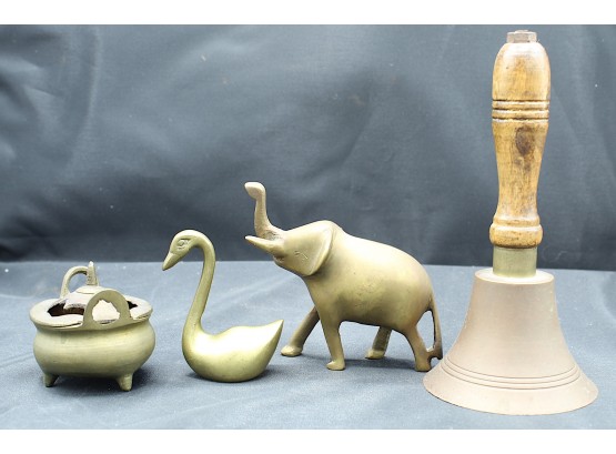 Assorted Brass Items; Bell, Elephant, Swan, Incense Burner (036)
