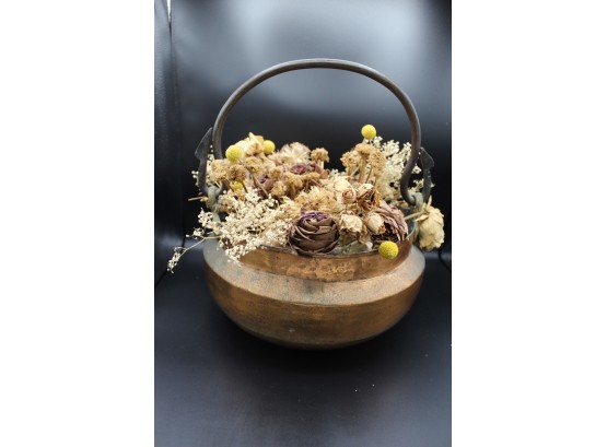 Brass Pot With Handle Filled With Faux Flowers (059)