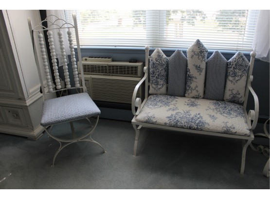 Blue And White Metal Bench And Chair With Cushions (129)