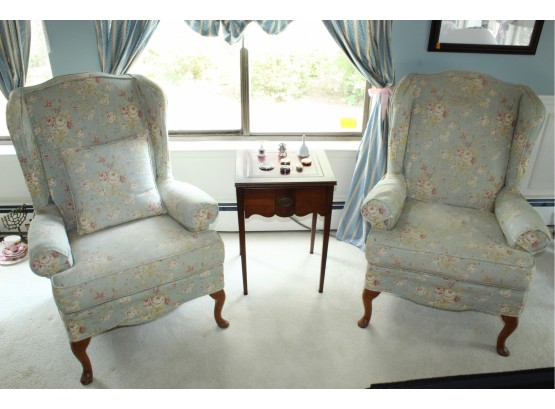 Stylish Pair Of Wing Chairs Blue Floral Pattern  By Masterfield 30' X 28' X 42' (073)