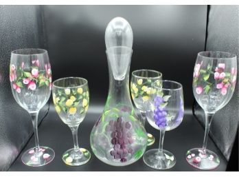 Five Handpainted Wine Glasses And Decanter (041)