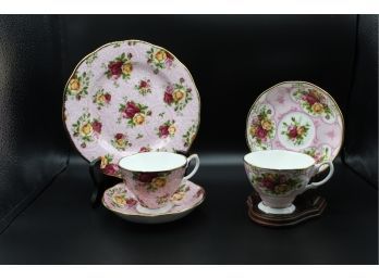 Royal Albert Bone China Plate, Two Saucers And Two Teacups Rose Cameo Pink Pattern (045)