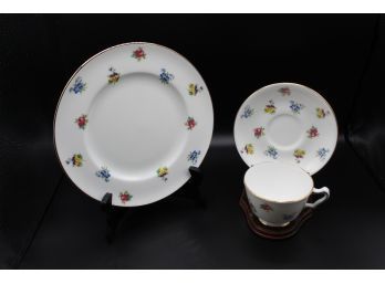 Crown Staffordshire Fine Bone China Plate, Saucer And Tea Cup Red, Yellow, Blue Flower Pattern (043)