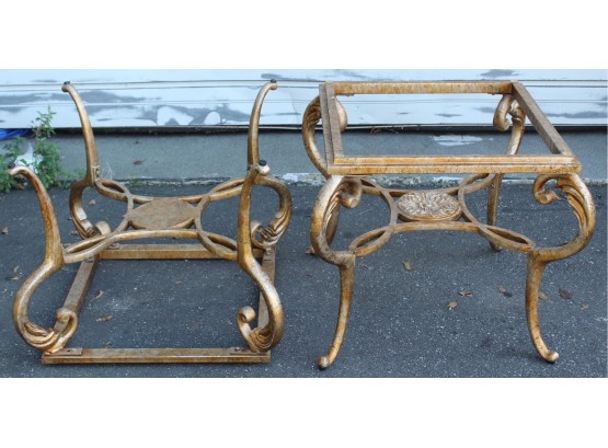 Pair Of Stylish Gold And Black Accent Speckled Glass Top Iron End Tables (G159)