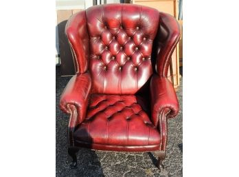 Handsome Chesterfield Red Leather Wingback Tufted Chair With Matching Ottoman  (G174)