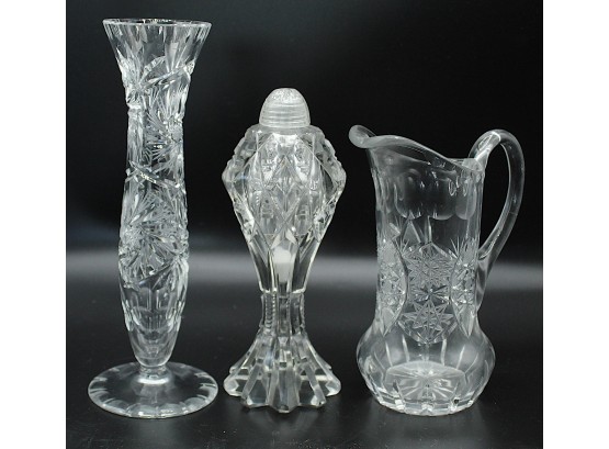 Assorted Cut Glass Bud Vase, Salt Shaker, & Creamer (93)