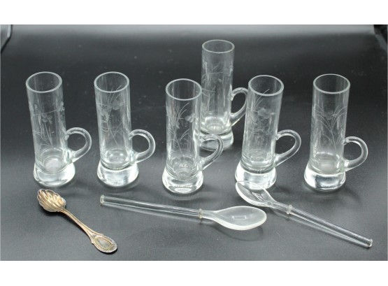 Etched Glass Demitasse Cups & Spoons, 6 Cups 2 Spoons (89)