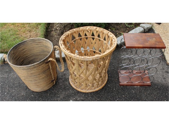 Two Wicker Baskets & Wood & Metal Wine Rack (R193)