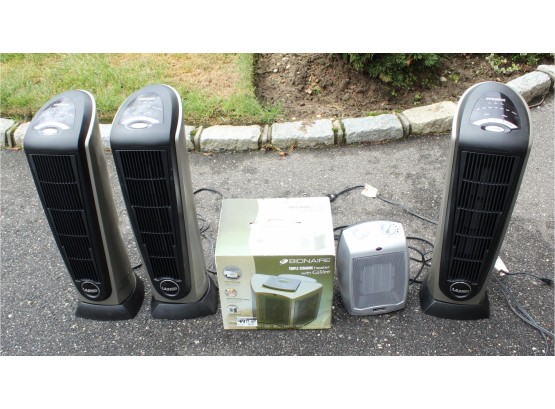 Three Lasko Fans, Bioaire Triple Ceramic Heater, & Lasko Small Space Heater (R196)