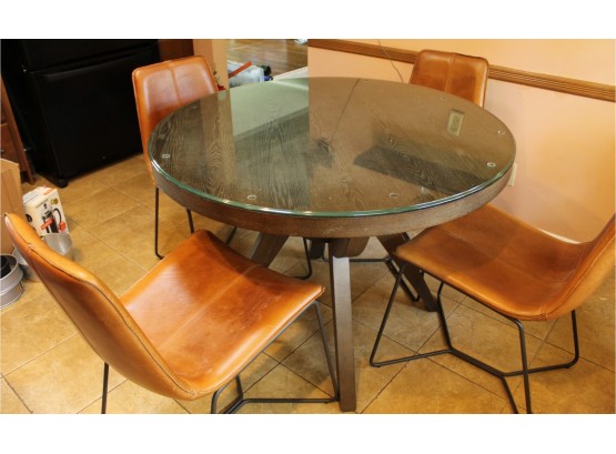 West Elm With 4 Chairs Saddle Full Grain Leather Chairs & Glass Top Table(113)