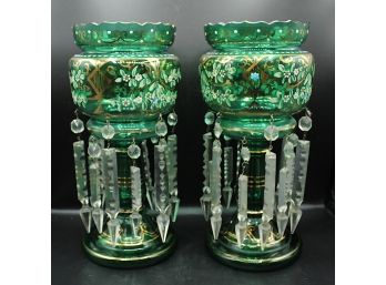Pair German Bohemian Emerald Green Glass & Gold Enamel Lusters W/  Prisms (17)