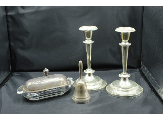 Silverplated Bell, Butterdish, Pearl Glass, And Two Candleholders (191)