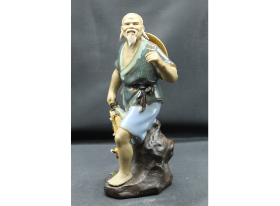 Vintage Oriental Asian Mud Figurine Statue Fisherman (201)