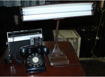 Assorted Lot; Vintage Rotary Phone, Sony Radio, Goose Neck Desk Lamp (O200)