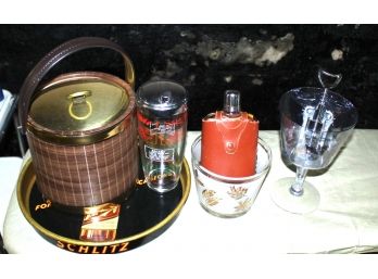 Assorted Bar Equipment; Ice Bucket, Serving Tray, Flask, Shaker, ETC. (O201)