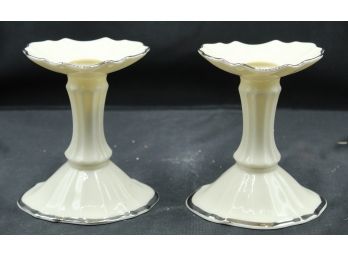 Two Lenox Candlestick Holders With Platinum Trim (R188)