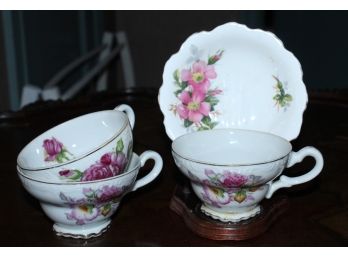 Royal Albert Bone China With Prairie Rose Pattern; One Bowl And Three Teacups (R178)