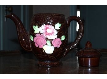 Brown Porcelain Teapot With White & Pink Rose Design Made In Occupied Japan (R172)