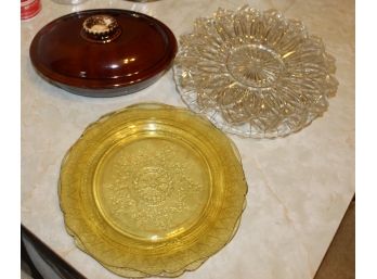 Lot Of Depression Glass, Drip Glaze Platter, Crystal Serving Dishes (O164)
