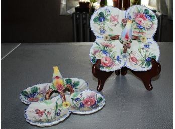Two Italian Dessert Trays With Porcelain Birds And Flower Pattern (R157)