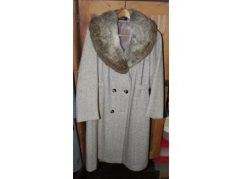 Vintage Arlette Wool Grey Coat With Fur Collar Double Breasted (o140)