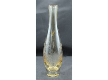 Vintage Blown Glass Etched Floral With Amber Accent Vase  (R186)