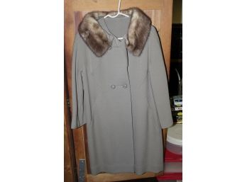 Vintage Blue-Grey Coat With Brown Fur Collar Large(O137)