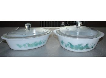 Two Glasbake Baking Dishes With Lids Light Blue Color With Green Fruit Pattern (R151)