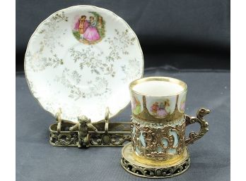 Louve Cup And Saucer With Metal Stands (O121)