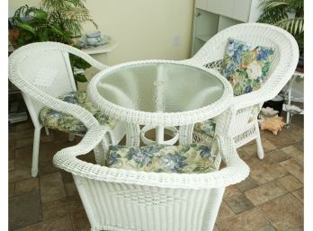 White Resin Wicker Round Table With 3 Chairs & Cushions (092)
