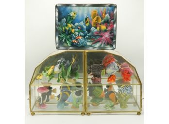Display Cases Of Fish Figurines & Porcelain Plate (043)