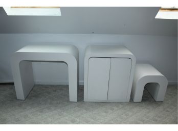 Mid-Century Pair Of Laminate  White End Tables And Storage Cabinet (124)