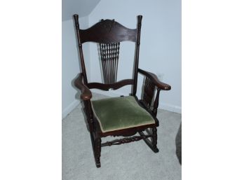Quatersawn Antique Vintage Velvet Seat Fabric Wooden Carved Rocking Armchair   39' X 32.5' X 27' (123)