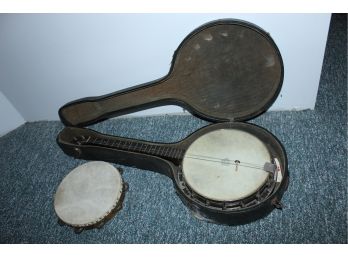 Vintage Antique Banjo With Case  Crown Head Symbol And Tambourine (082)