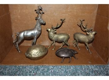 Five Brass Decorative Animals; 3 Deer, Beetle And Lady Bug (100)