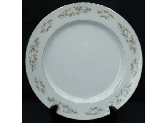 Plate With White Flowers, Green Brown Leaves, Grey Swirls Design. Fine China (036)