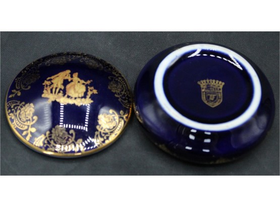 Limoges Sugar Dish With Lid, Made In France. Veritable (?) Porcelain D'art. Blue And Gold (014)