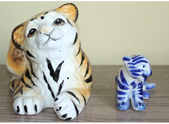 Adorable 2 Tiger Statues. One Orange Black And White, One Blue And White - Hand Painted In Russia. (135)