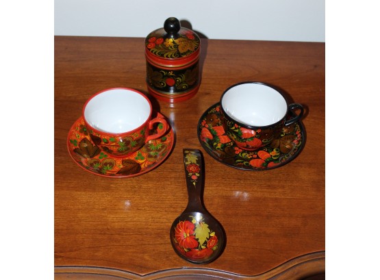 Ukrainian Set Of Two Wooden Tea Cups, Red And Black Traditional Design, Strawberries And Berries. Sugar C(089)