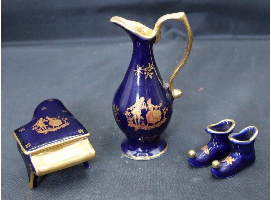 Limoges Bardet, Made In France - Small Water Pitcher, Piano, And Shoes. Blue And Gold Colors, Lady And Ge(078)