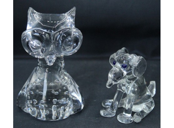 Handblown Glass Dog And Owl. Note Damage: Dogs Tail Broken (053)