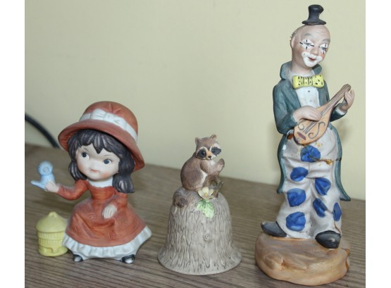 Towle Fine Bone China Bell With Racoon. Girl With Bird Statuette, Clown Playing Instrument Statuette. (133)