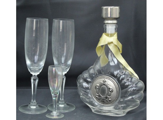 2 - 24% Full Lead Crystal Flutes, Made In USA. Small Glass Flute, And Glass Decanter With Gold Ribbon (033)