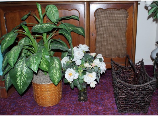 Lot Of: Synthetic Plant, Vase With Flowers (attached), And Wicker Magazine Basket (191)