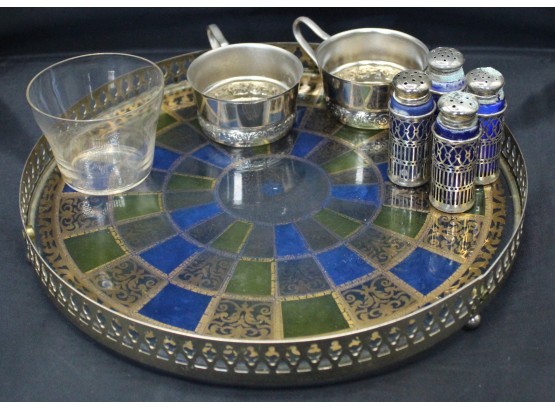 Lulver Ltd Serving Platter With Metal Edge, Two Metal Cup Holders (one With A Glass Cup, One Glass Cup (051)
