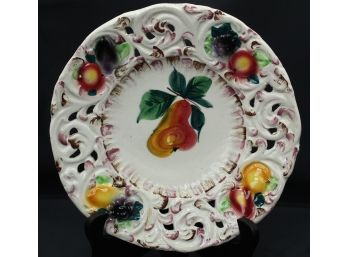 Fruit Plate. Made In Italy, Hand Painted. Textured. Pears, Peaches, Grapes Pattern (019)