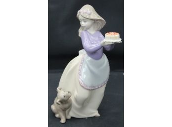 NAO Baking Girl With Cake And Puppy Statuette, Lavender, Tan, White. Hand Crafted Porcelain (017)
