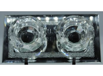 Crystal Judaic Candle Holder For Two Candles. Damage On Bottom. Mirror With Border Of Small Jewels (000)
