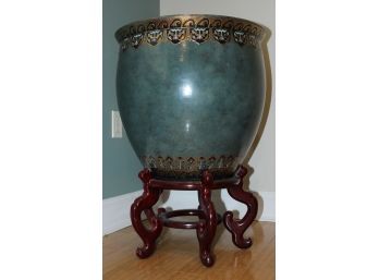 Large Asian Porcelain Gilded  Planter Aqua With Asian Stand  - G197