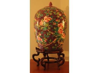 Wonderful Family Noir Chinese Ginger Jar With Markings & Stand  - W180